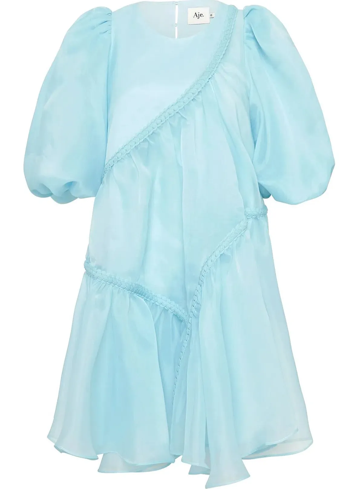 Aje Riviera Assymmetric Braided Puff Sleeve Smock Dress in Ice Blue Size AU 8 - Image 4