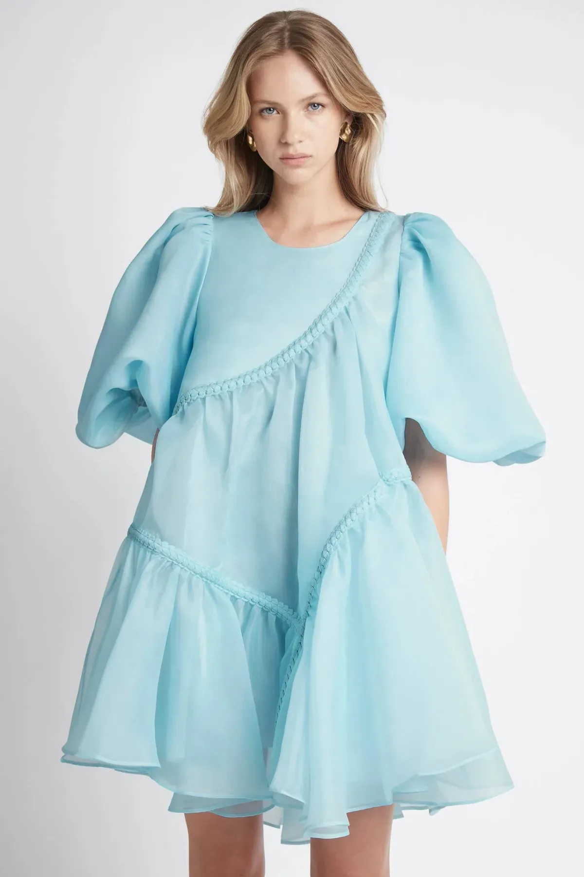 Aje Riviera Assymmetric Braided Puff Sleeve Smock Dress in Ice Blue Size AU 8 - Image 2