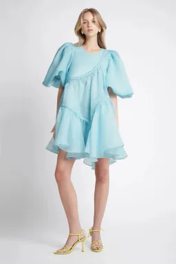 Aje Riviera Assymmetric Braided Puff Sleeve Smock Dress in Ice Blue Size AU 8 for rent on The Volte - image 1