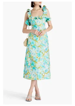 Zimmermann High Tide Ruffle Midi Dress Aqua Ikat Floral Size 1 / AU 10 for rent on The Volte - image 1