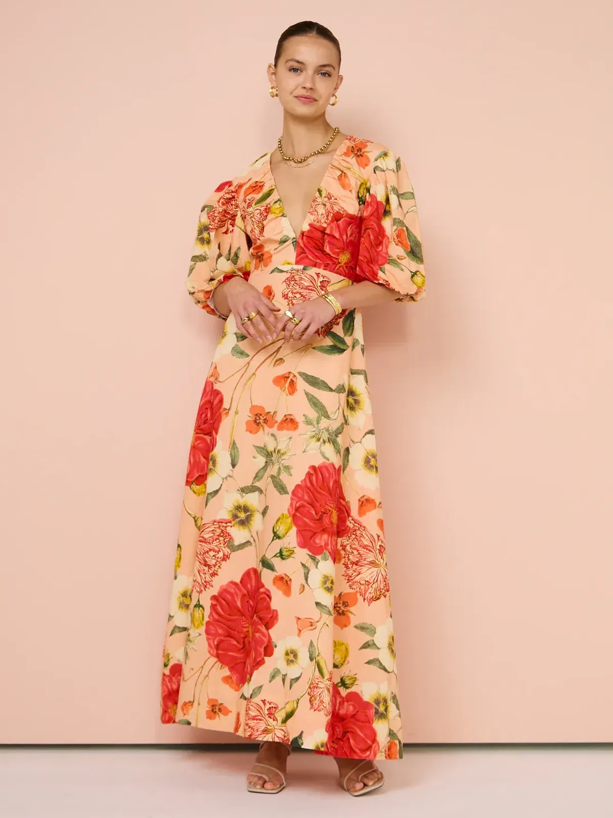 By Nicola Bolero Maxi Gathered Neckline Dress in Raspberry Punch Floral Size 14 - Image 1