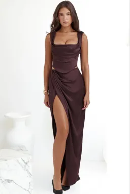 House of CB Una Corset Top and Vesper Maxi Skirt Set Rich Brown Size 8 for rent on The Volte - image 2