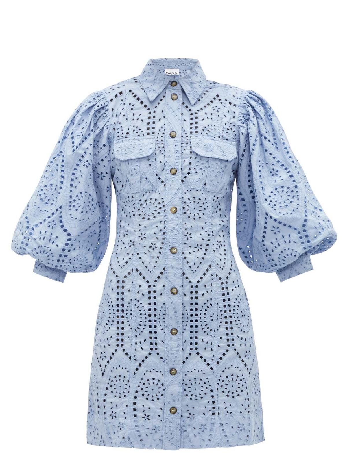 Ganni Balloon-sleeve broderie anglaise mini shirt dress - Image 4