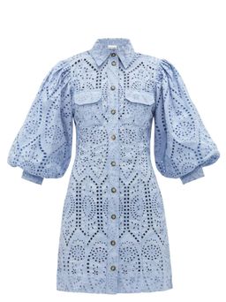 Ganni Balloon-sleeve broderie anglaise mini shirt dress for rent on The Volte - image 4