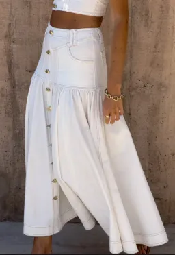 Aje Elena Denim Cropped Bustier Size 8 and Belmond Denim Midi Skirt Size 6 Set in Ivory for rent on The Volte - image 3