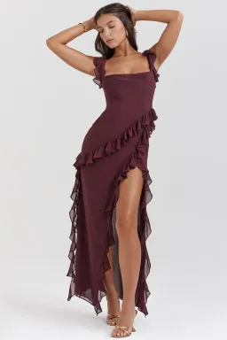 House of CB Ariela Mulberry Ruffle Maxi Dress Burgundy Size M/ AU 10-12 for rent on The Volte - image 3