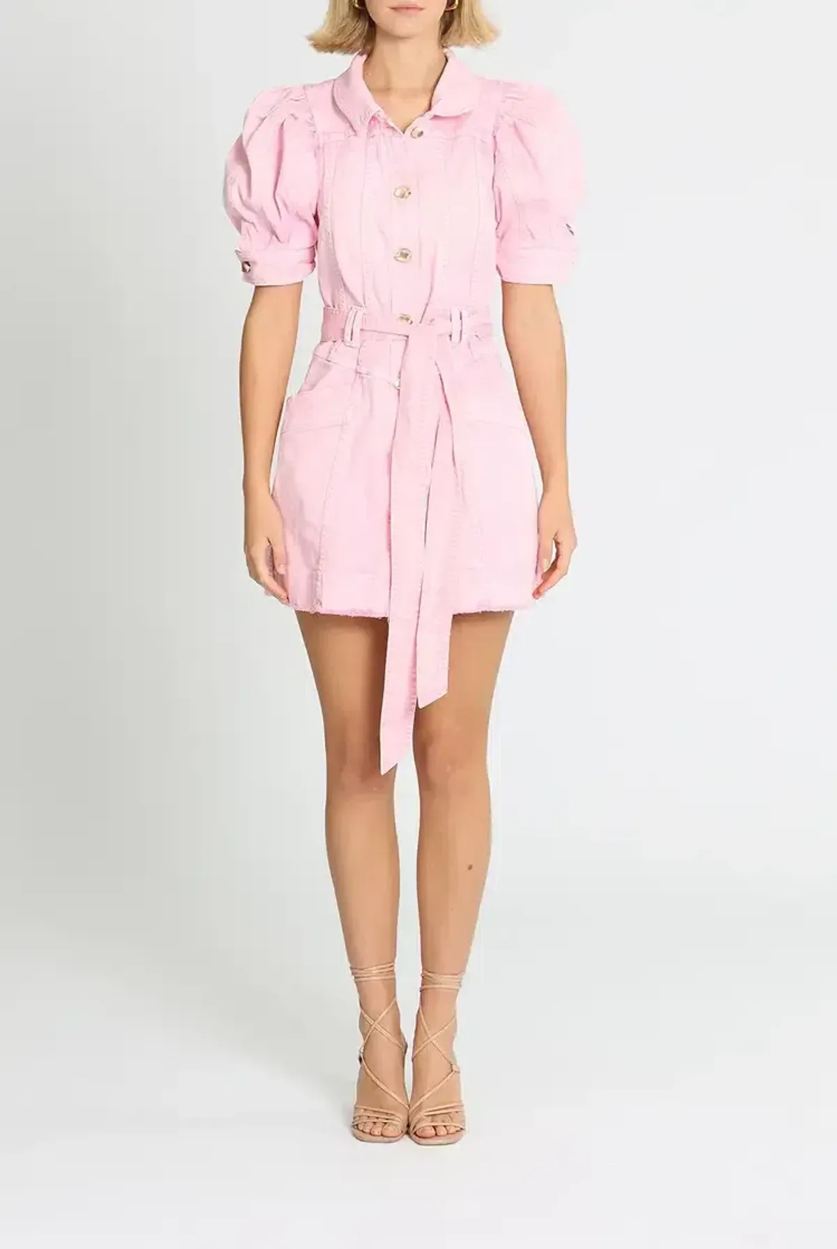 Aje Flora Denim Puff Sleeve Mini Dress Pink Size 10 - Image 1