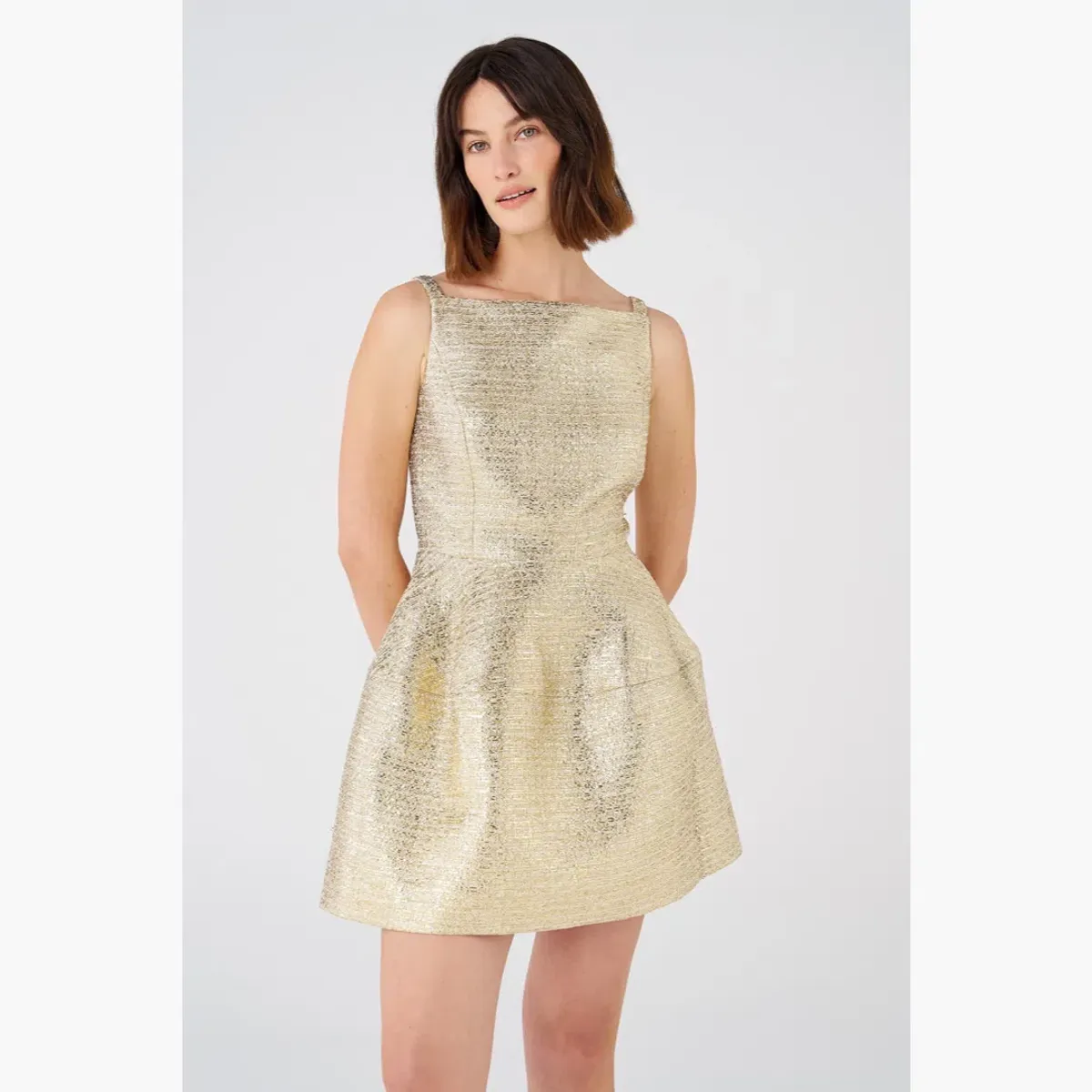 Oroton Metallic Mini Dress Gold Size 10 - Image 2