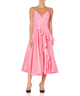 Alex Perry Paxton Ruffle Midi Dress Pink Sequin Size 8 for rent on The Volte - image 1