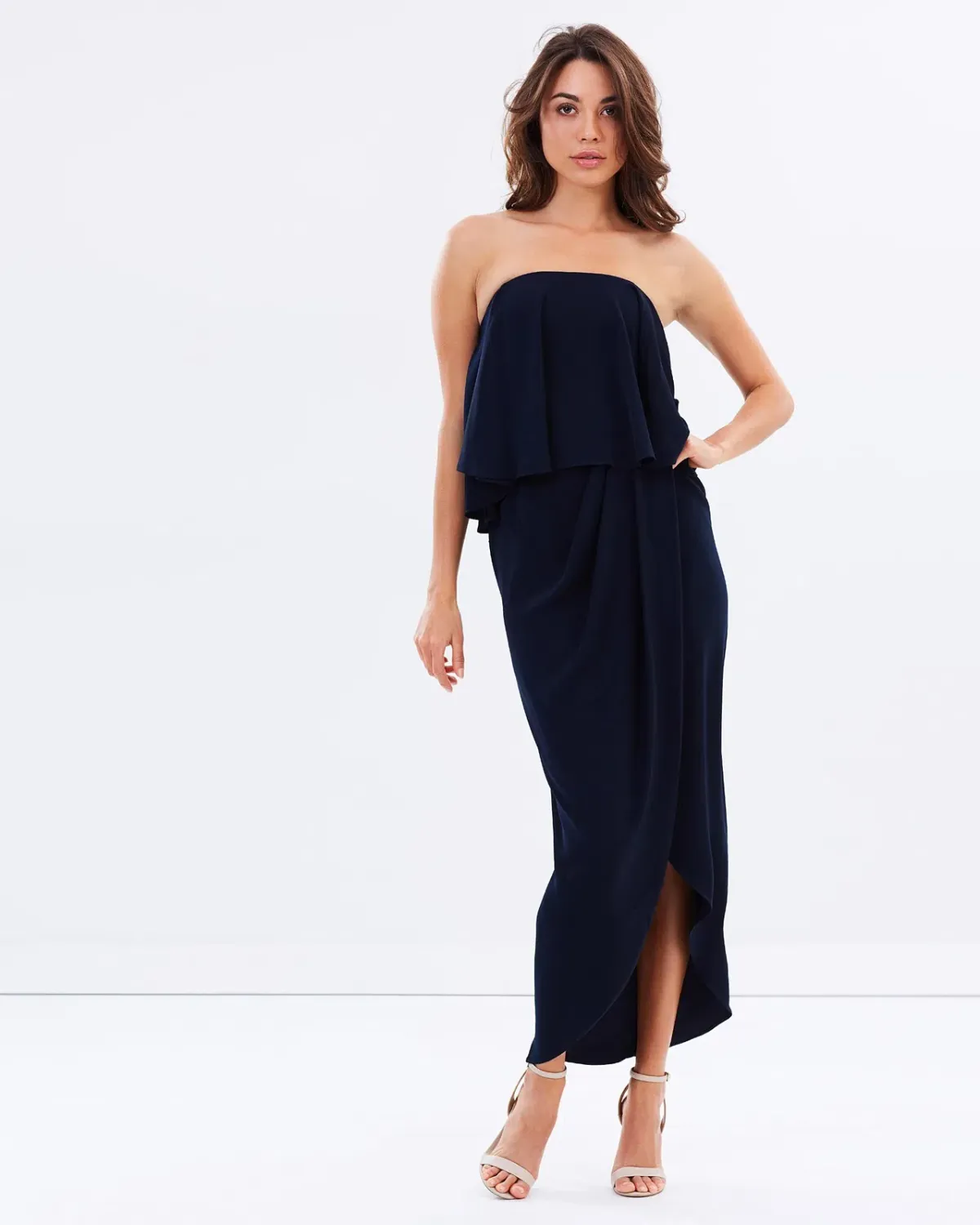 Shona Joy Strapless Frill Drape Maxi Dress Navy Size 12 - Image 1