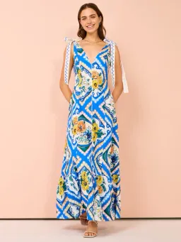 By Nicola Adoncia Tie Sleeve Maxi Dress Azure Blue Floral Size 10 for rent on The Volte - image 1
