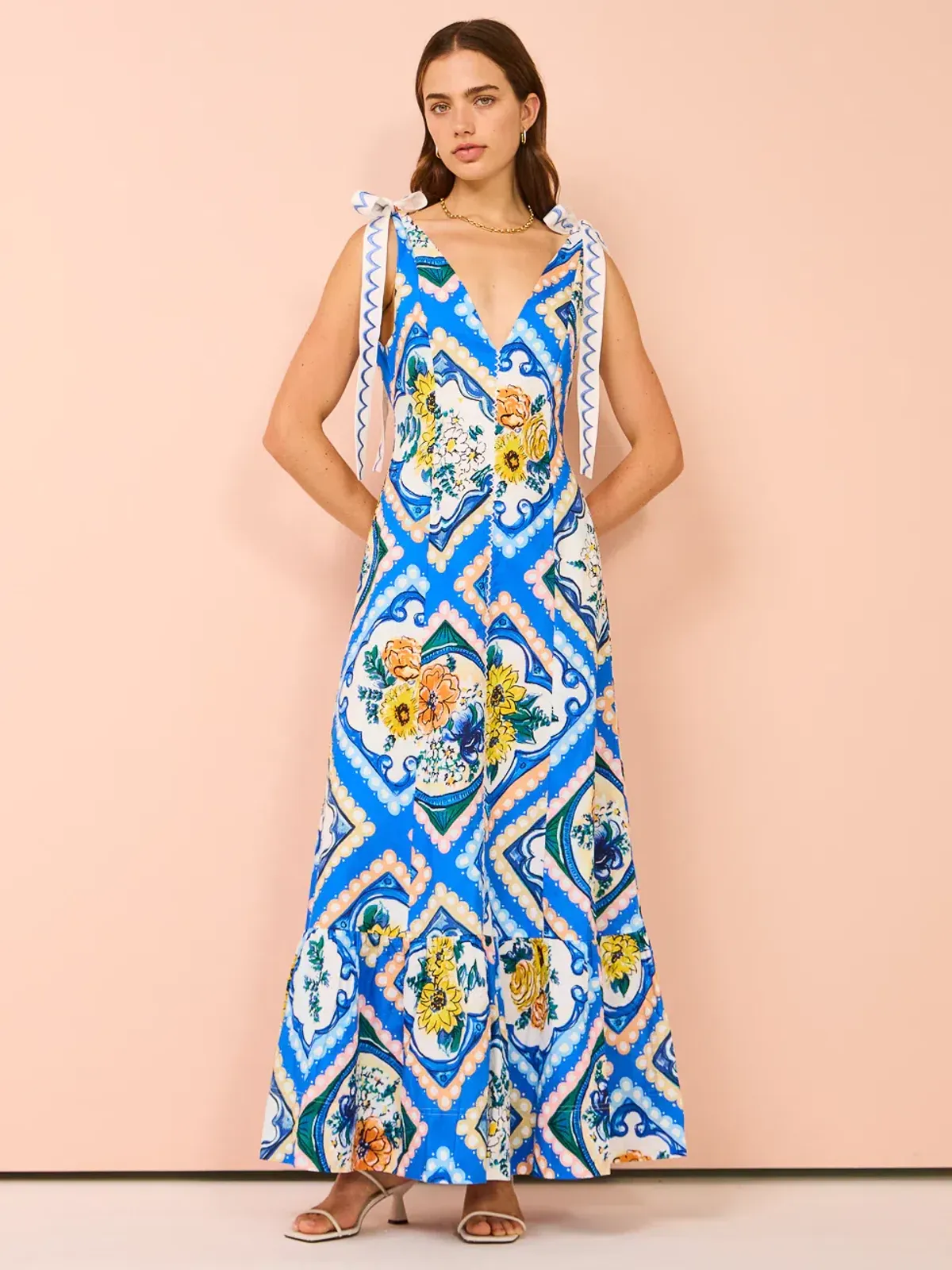 By Nicola Adoncia Tie Shoulder Maxi Dress in Azure Floral Size 6 - Image 1
