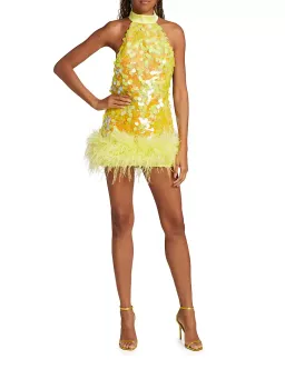 Bronx and Banco Izzy Sequin & Feather Mini Dress Yellow Size AU 6 for rent on The Volte - image 1