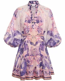 Zimmermann The Lyre Billow Mini Dress in Purple Palm Size 2 AU 12 for rent on The Volte - image 2