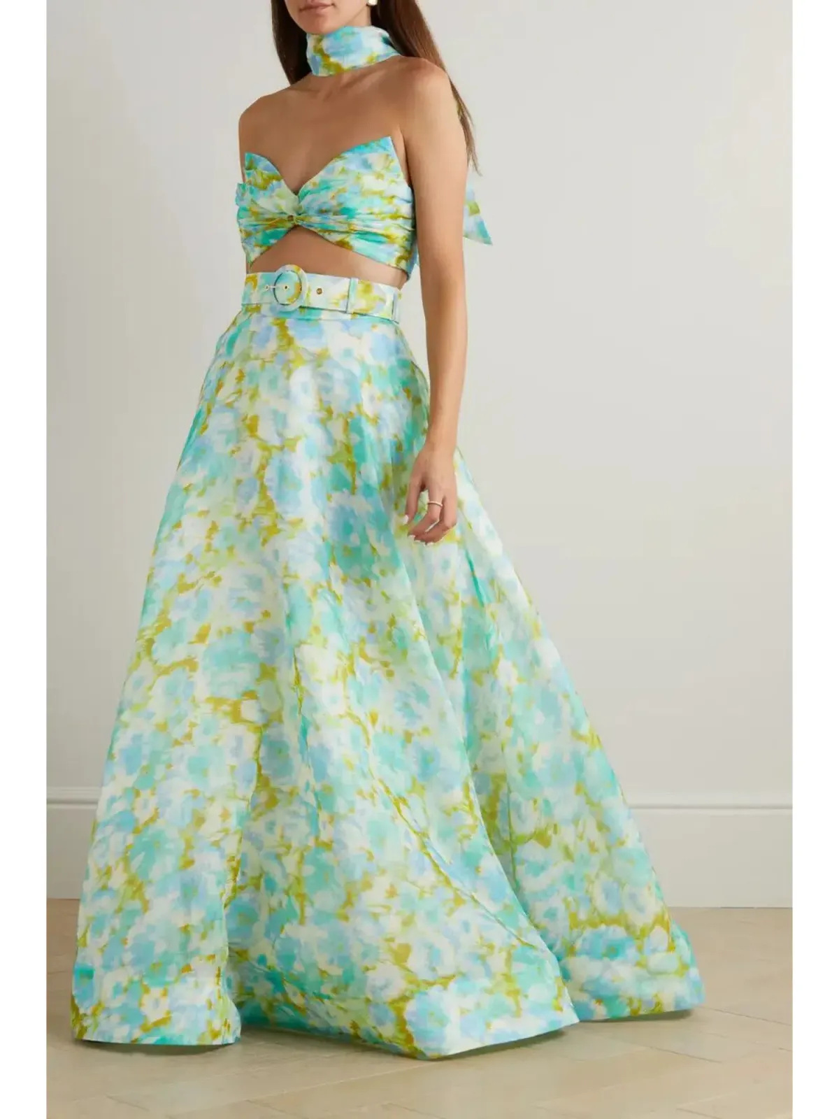 Zimmermann High Tide Twist Crop Bodice Size 3 / AU 14 & Maxi Skirt Size 2 / AU 12 Set in Aqua Ikat Floral - Image 2