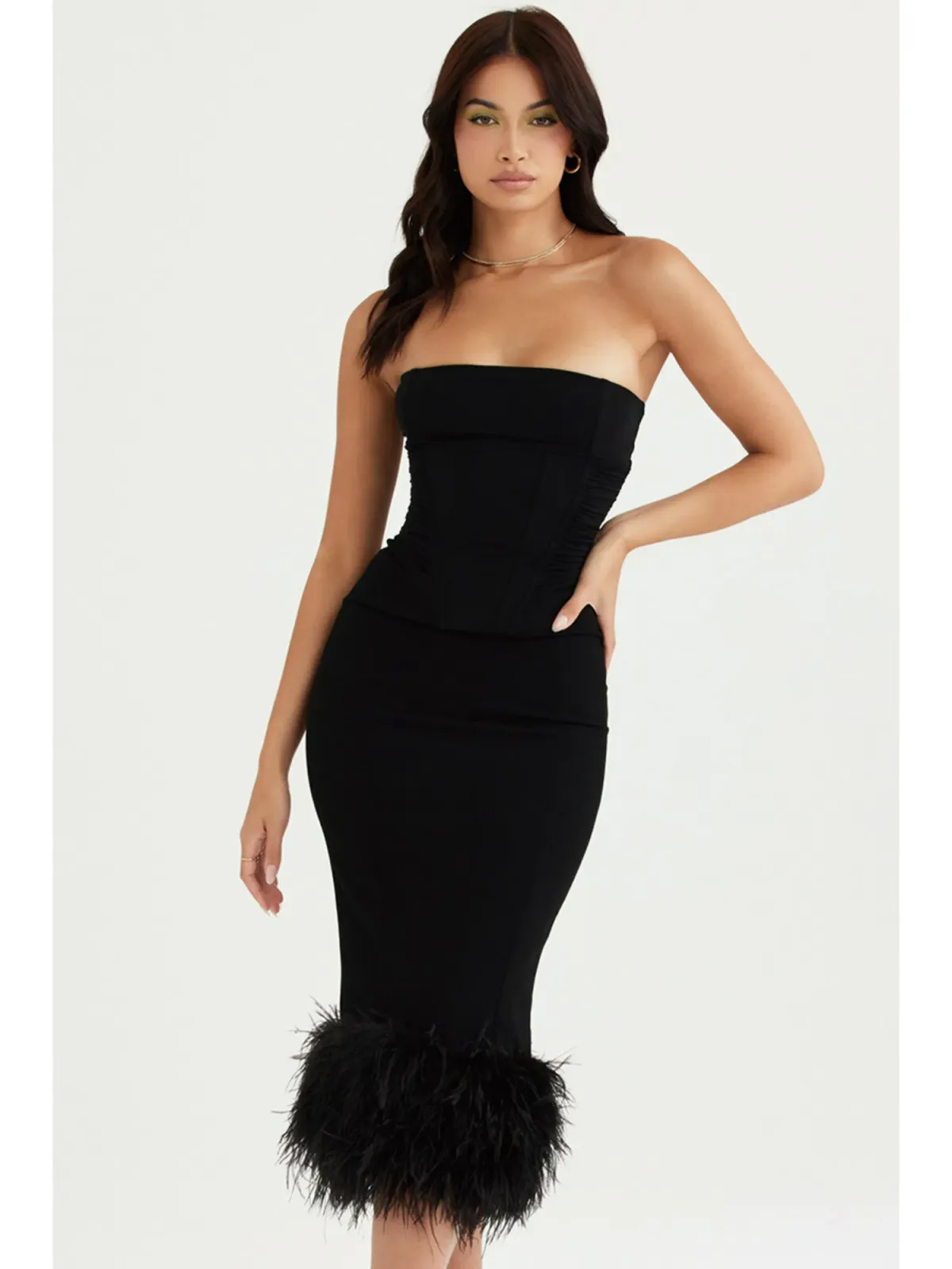 House Of CB Fionula Strapless Feather Corset Dress Black Size AU 10 - Image 4