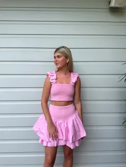 Aje Allard Ruched Strap Knit Top & Turner Bubble Skirt Set in Pink - Size 8 for rent on The Volte - image 1