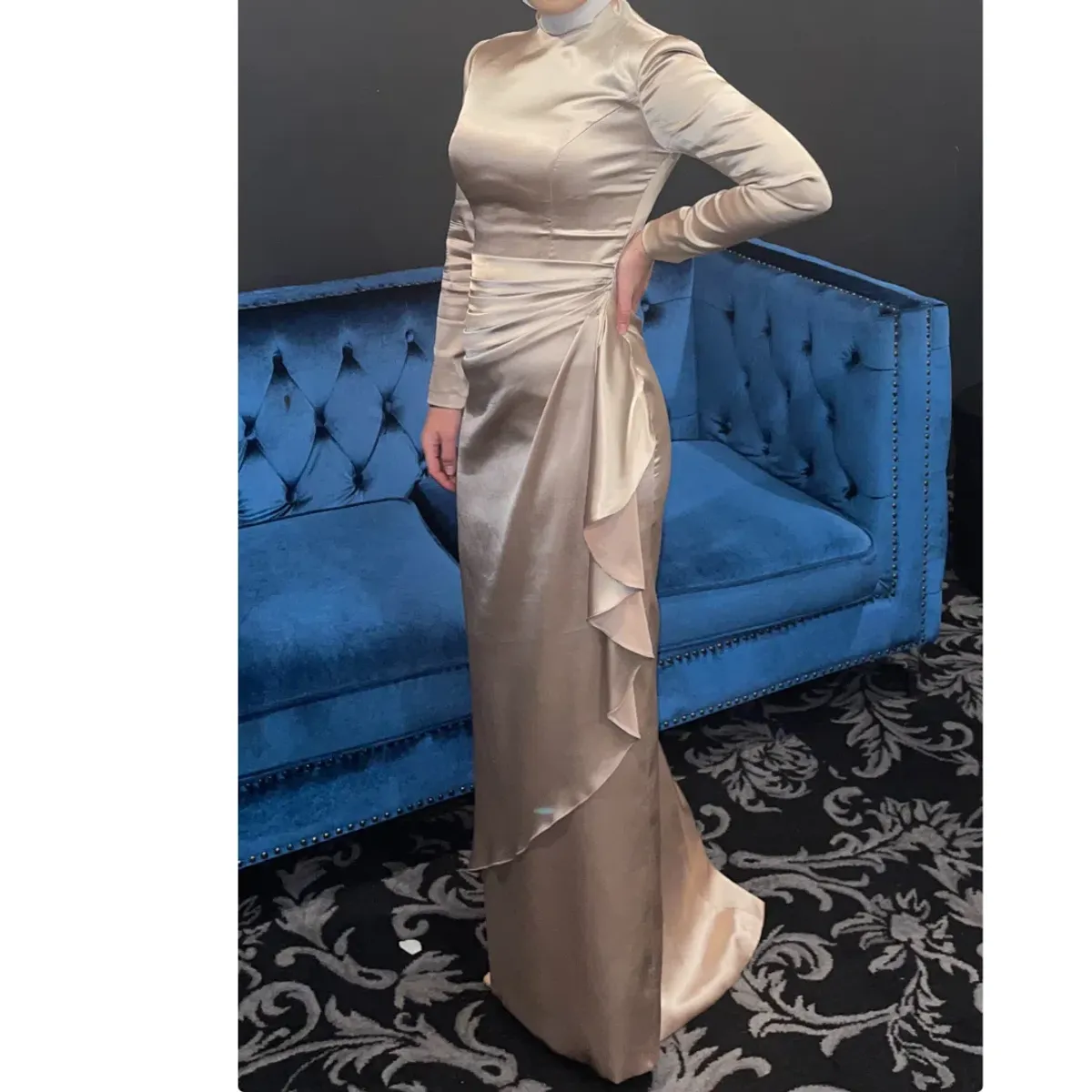 Jafrie By R Satin Long Sleeve Dress Gold Size 8 - Image 2