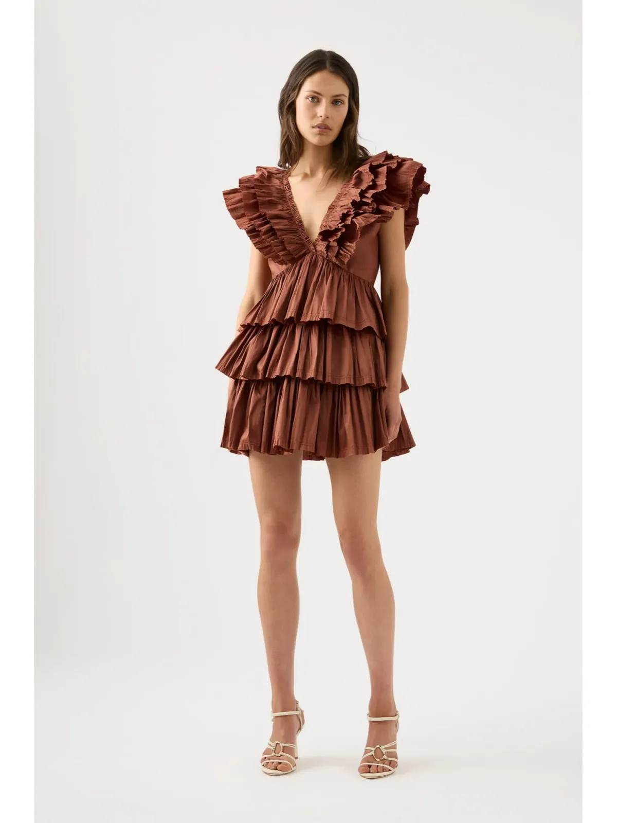 Aje Rhythmic Frilled Mini Dress Coffee Size AU 14 - Image 1