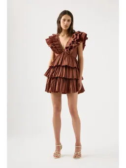 Aje Rhythmic Frilled Mini Dress Coffee Size AU 14 for rent on The Volte - image 1