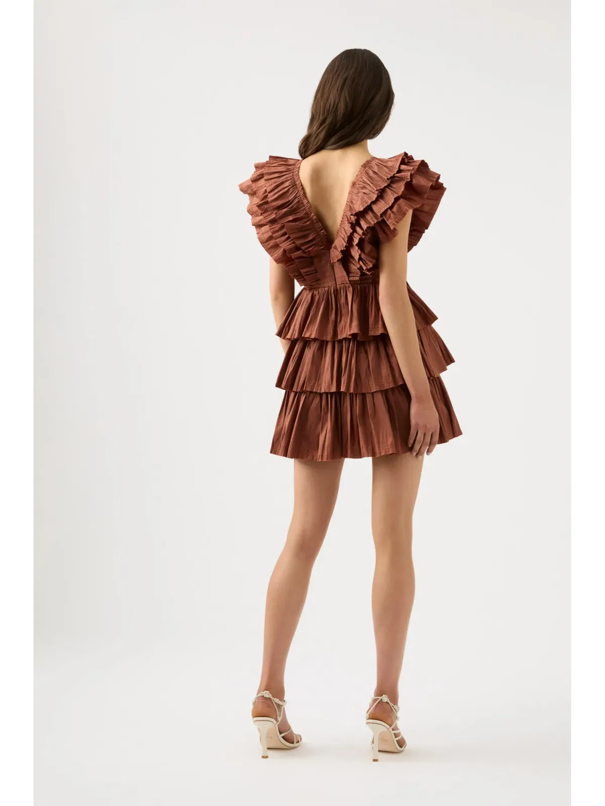Aje Rhythmic Frilled Mini Dress Coffee Size AU 14 - Image 4