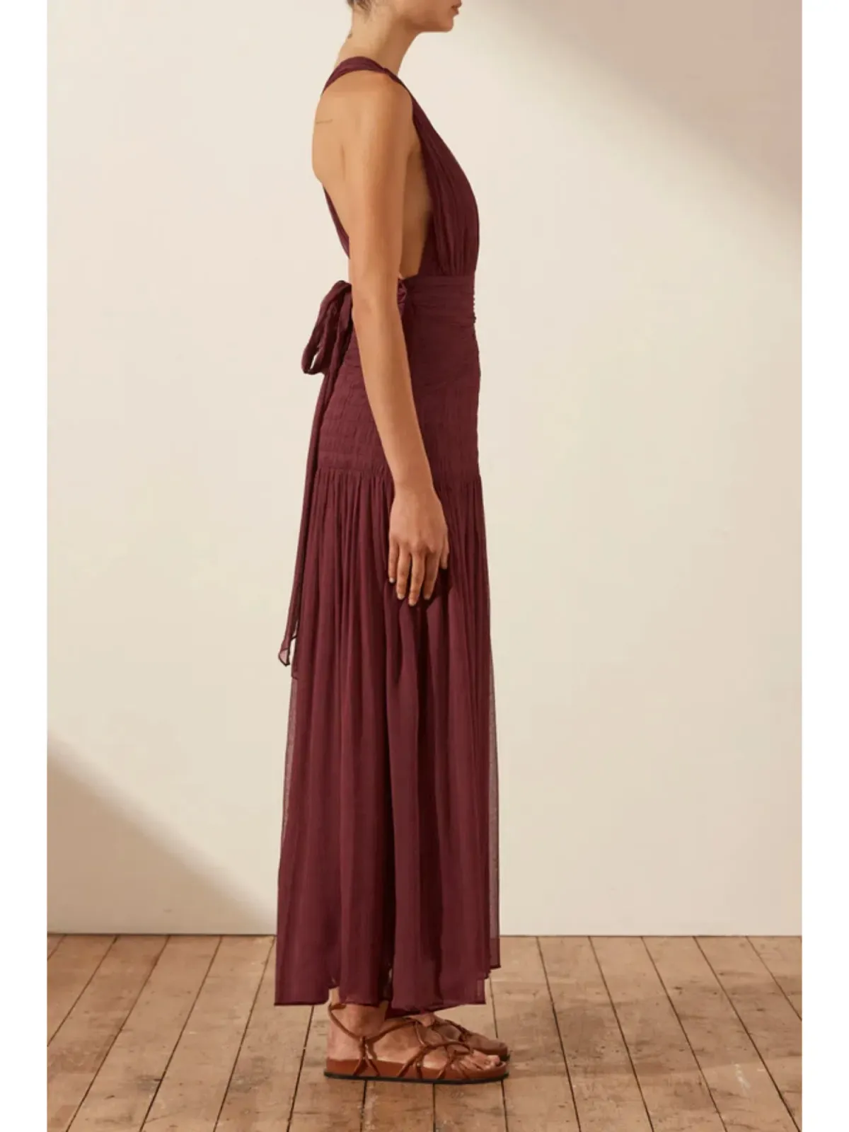 Shona Joy Marquis Plunged Tie Back Midi Dress in Deep Wine Size AU 10  - Image 2