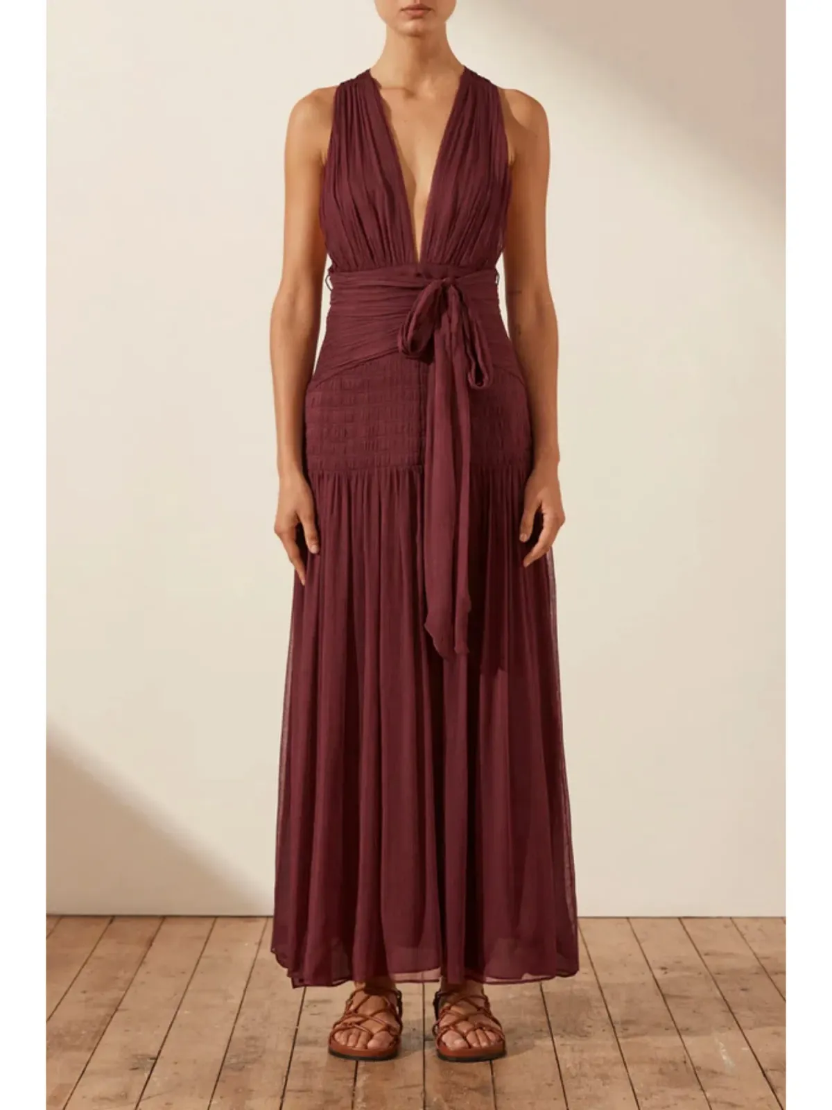 Shona Joy Marquis Plunged Tie Back Midi Dress in Deep Wine Size AU 10  - Image 1
