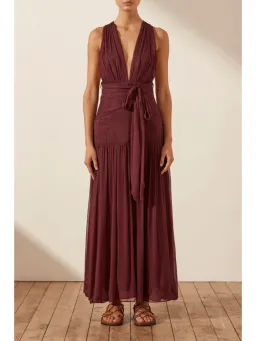 Shona Joy Marquis Plunged Tie Back Midi Dress in Deep Wine Size AU 10  for rent on The Volte - image 1