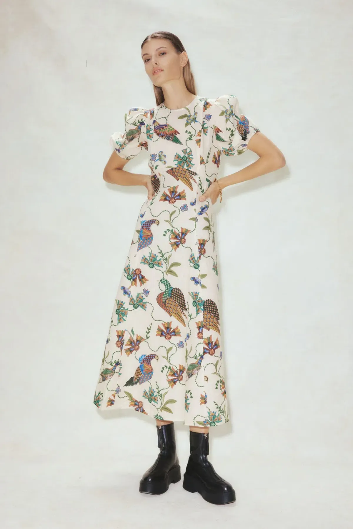 Alemais Birdie Linen Midi Dress Print Size AU 8 - Image 1