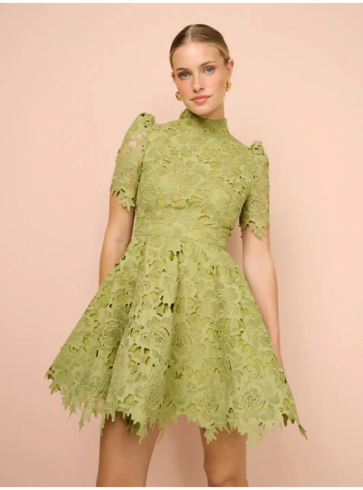 Leo Lin Elise Lace Short Sleeve Mini Dress in Olive Size AU 12 - Image 2
