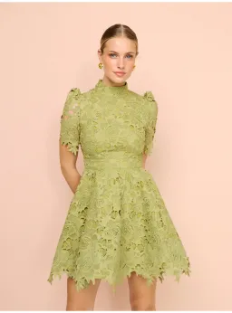 Leo Lin Elise Lace Short Sleeve Mini Dress in Olive Size AU 12 for rent on The Volte - image 3