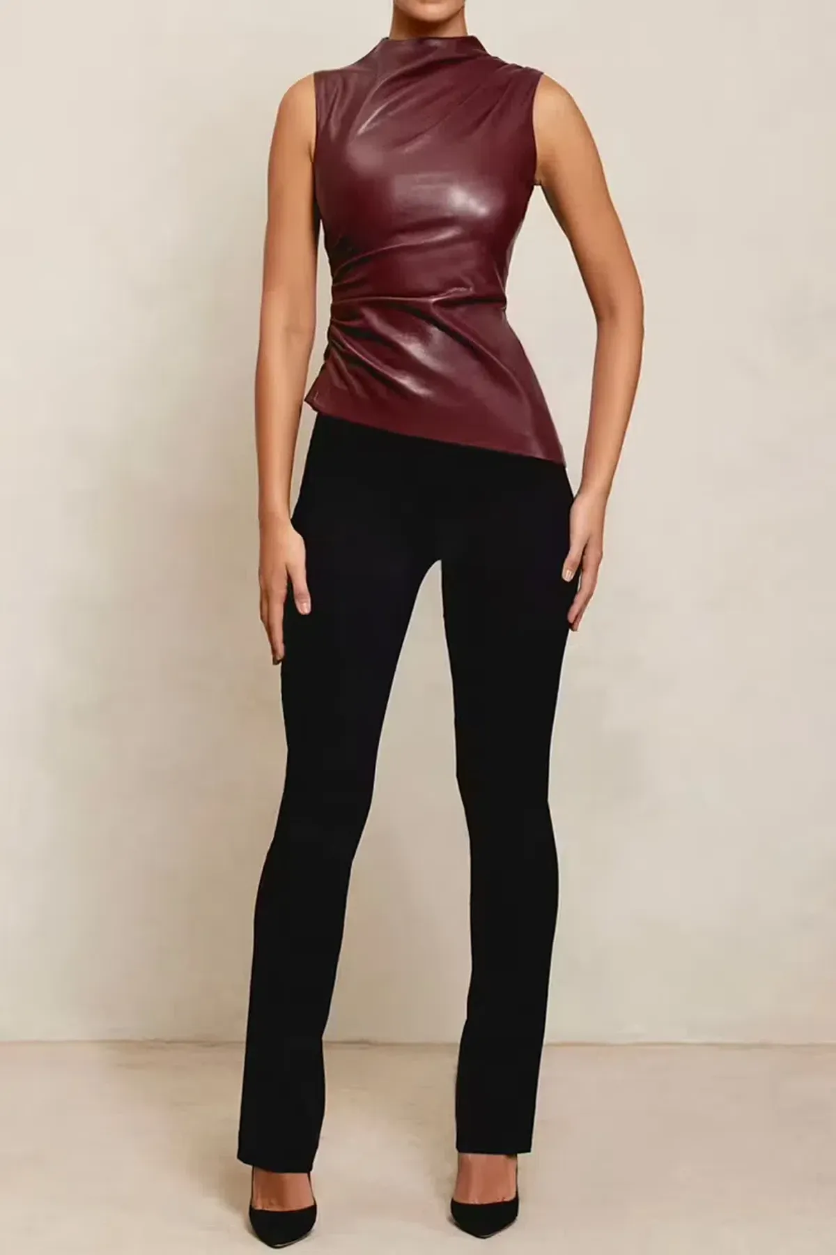 House of CB Allegra Vegan Leather Asymmetric Top Wine Size S / AU 8 - Image 4