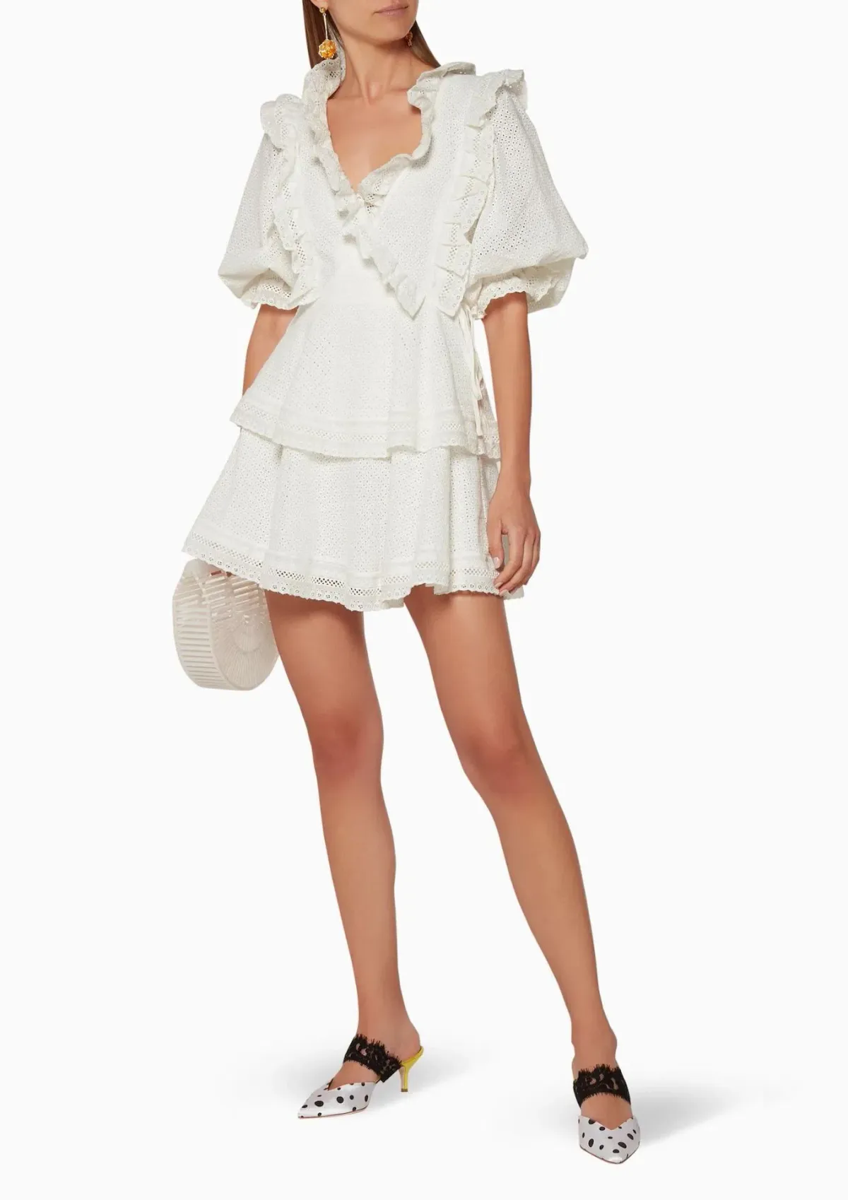 Shona Joy Ackley Broderie Frill Puff Sleeve Mini Dress White Size 12 - Image 1