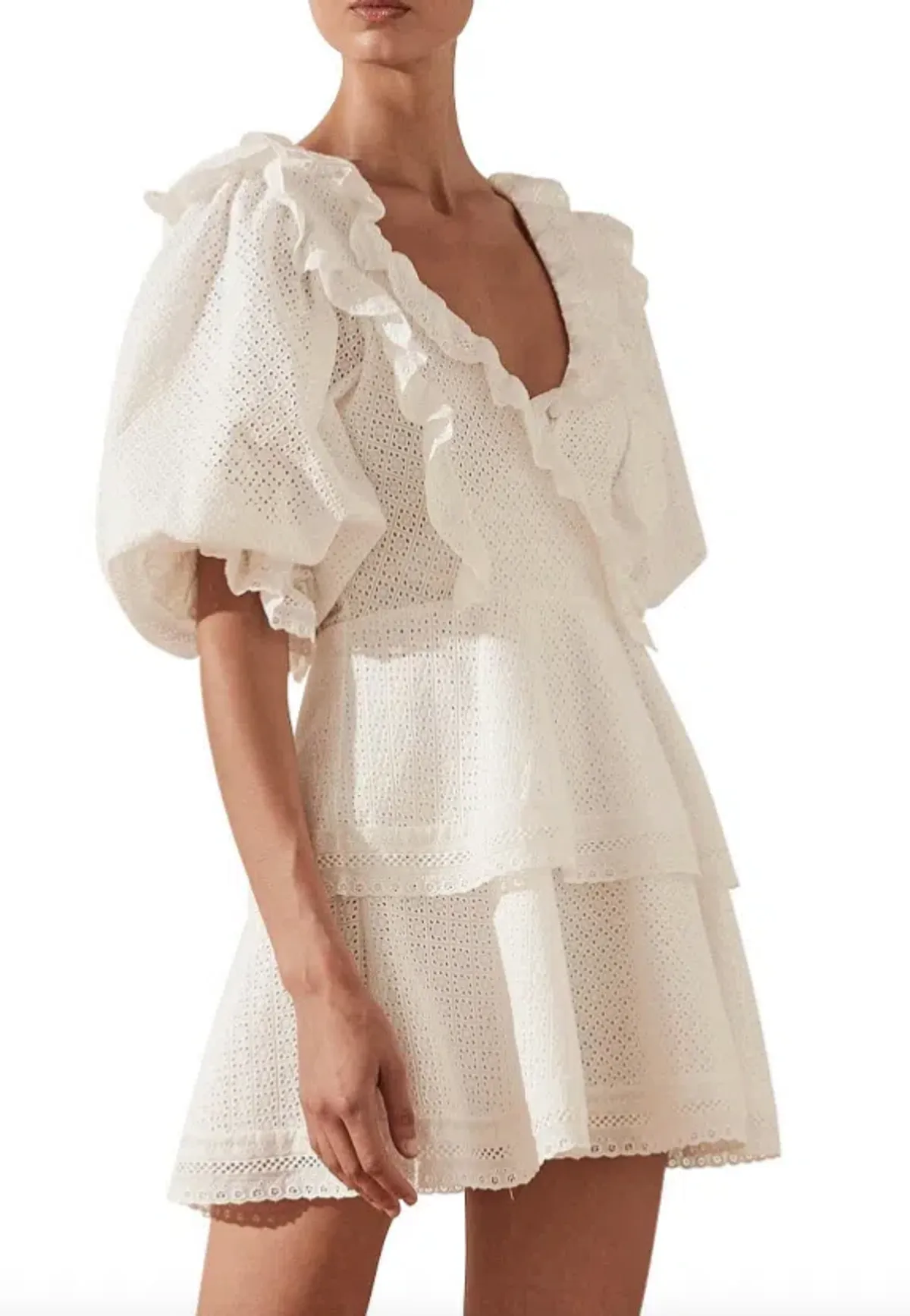 Shona Joy Ackley Broderie Frill Puff Sleeve Mini Dress White Size 12 - Image 2