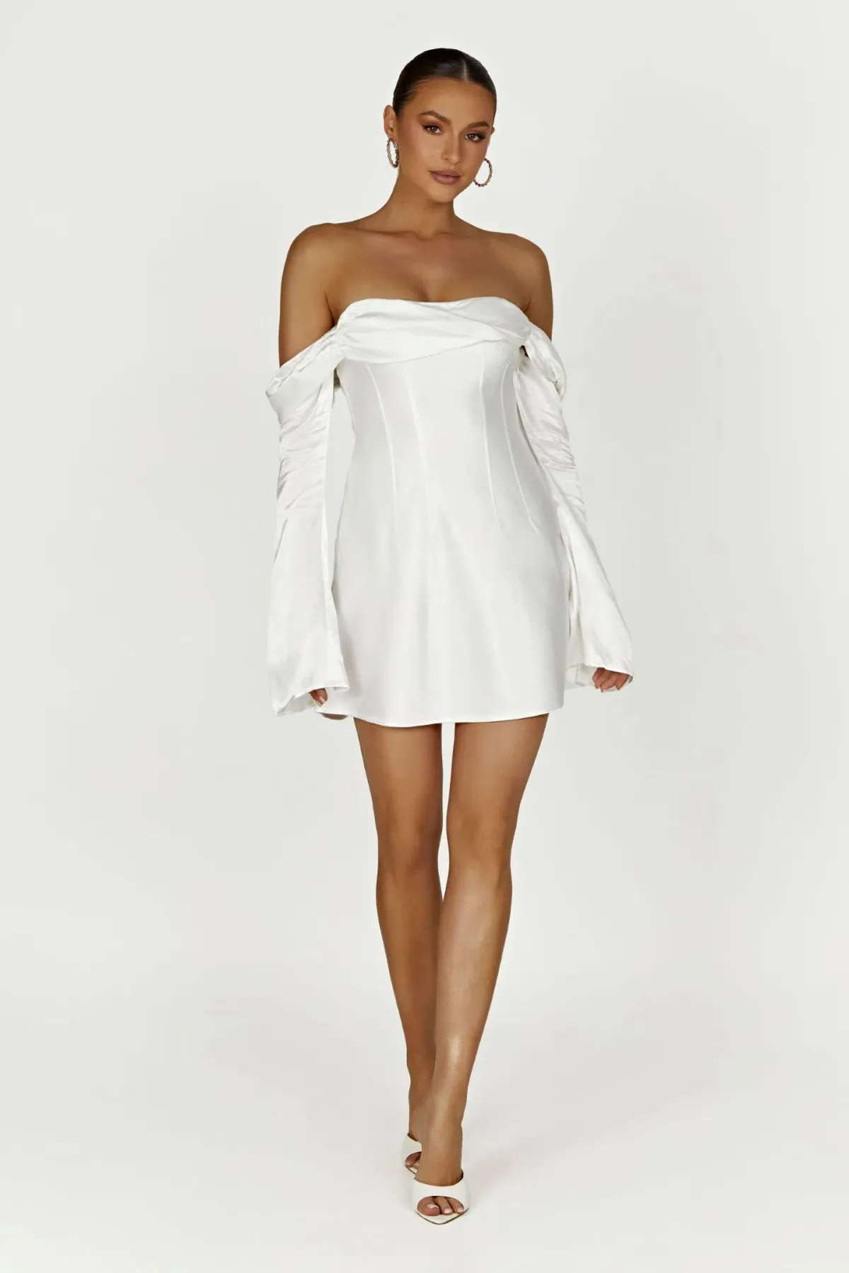 Meshki Giselle Off Shoulder Satin Mini Dress White Size S/AU 8 - Image 1