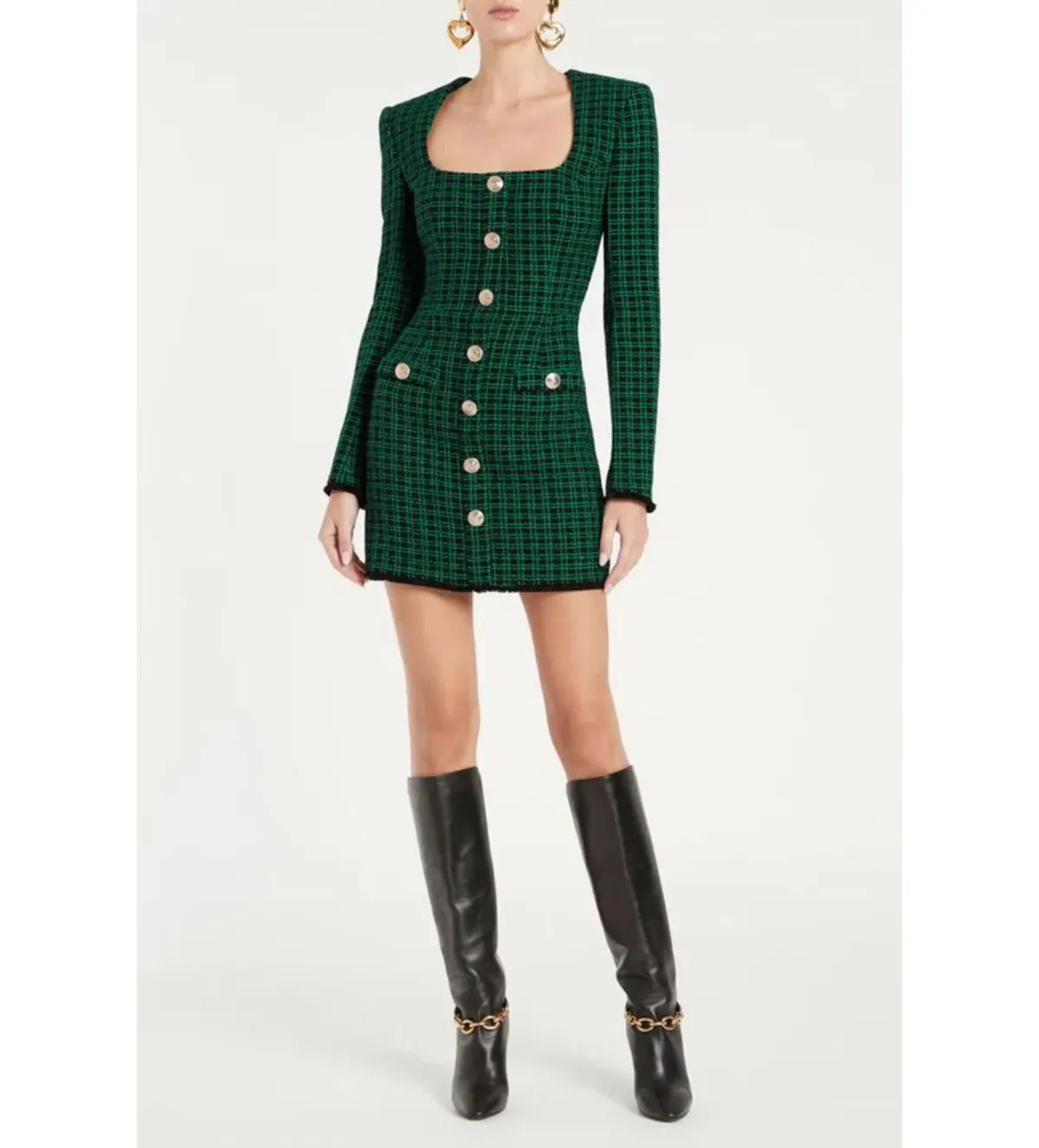 Rebecca Vallance Becca Checked Bouclé Tweed Mini Dress in Green Size 8  - Image 1