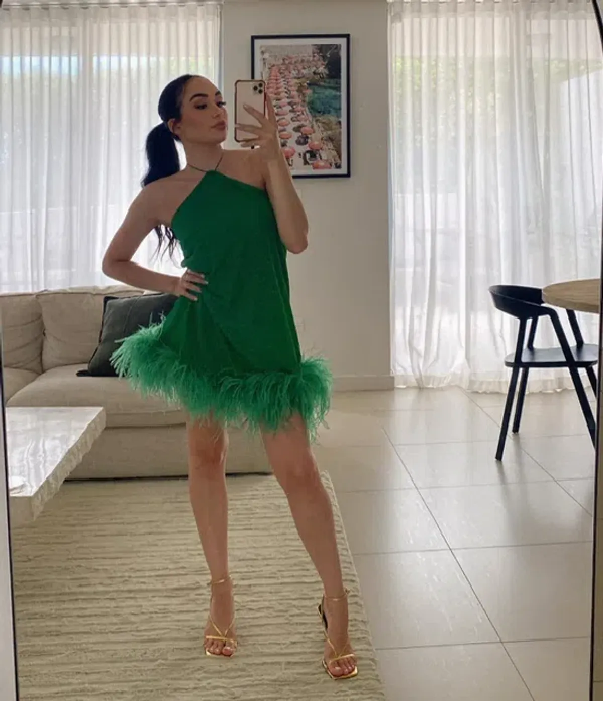 Oseree Lurex Detail Feather Trim Mini Dress Green Size S/M - Image 3