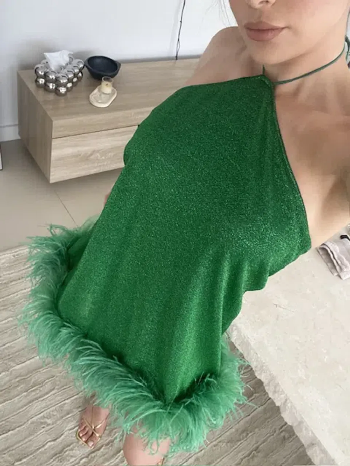 Oseree Lurex Detail Feather Trim Mini Dress Green Size S/M - Image 4