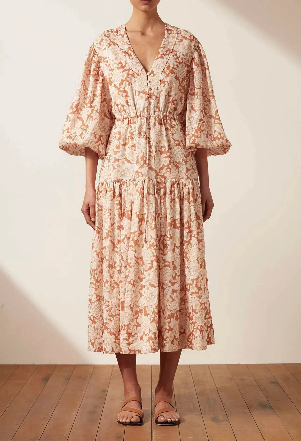 Shona Joy Flor Balloon Sleeve Drawstring Midi Dress Floral Size 12 - Image 5