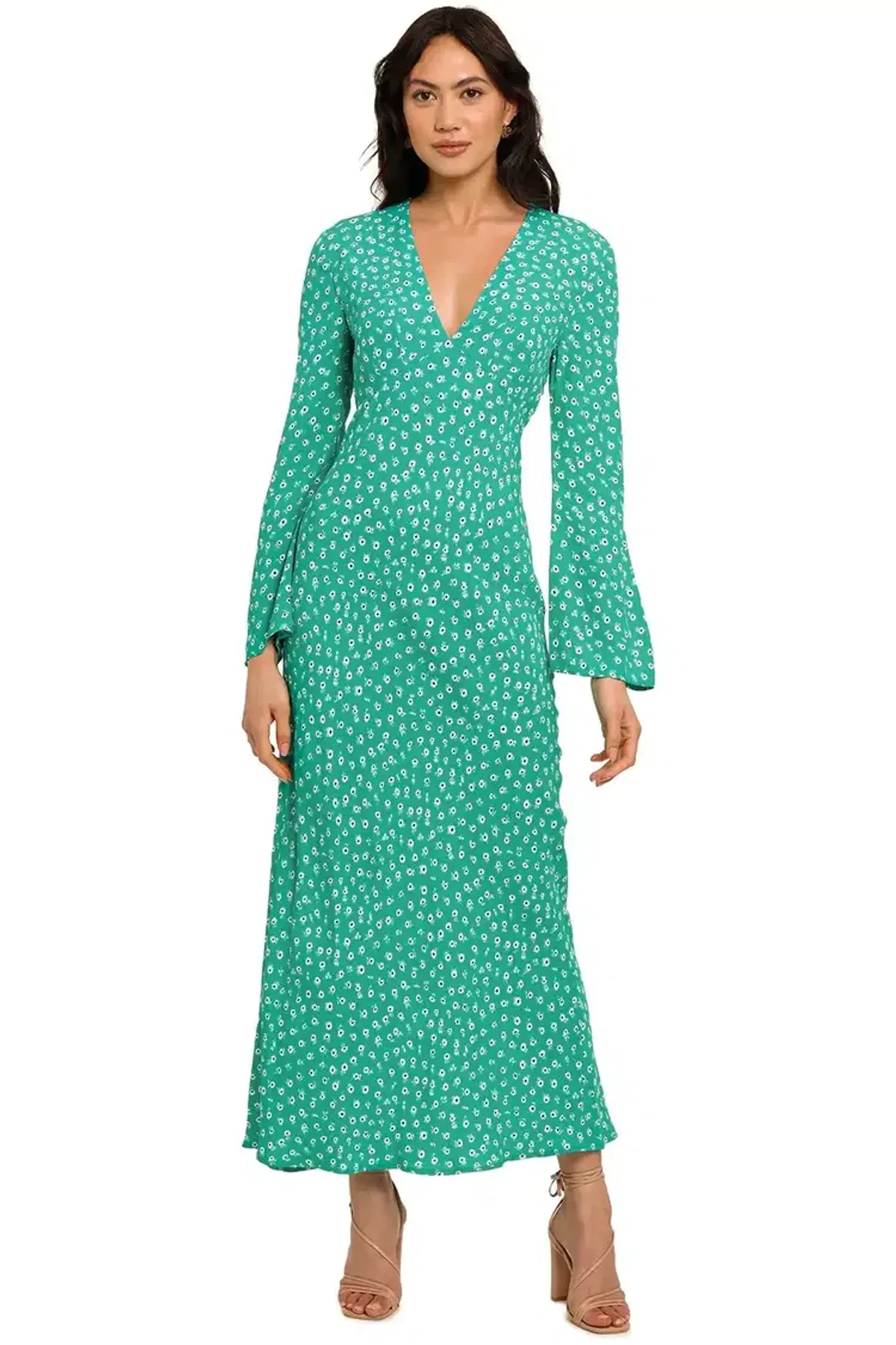 Rixo London Arielle Flared Sleeve Midi Dress Green Floral Size 8 - Image 4