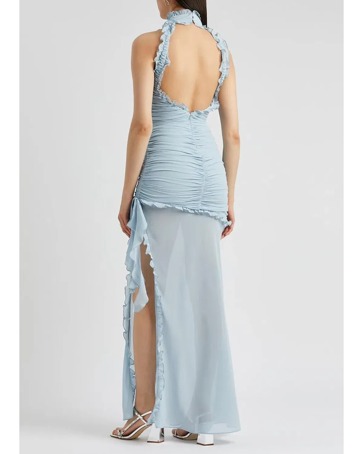 De La Vali Lilith Ruched Maxi Dress in Blue Chiffon Size 6 - Image 5