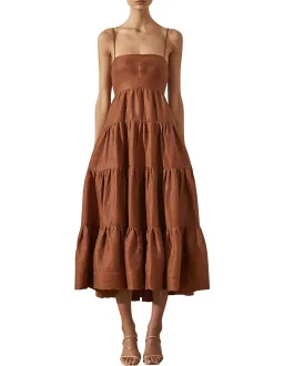 Shona Joy Elsa Linen Tiered Midi Dress Gingerbread Brown Size 12 for rent on The Volte - image 1