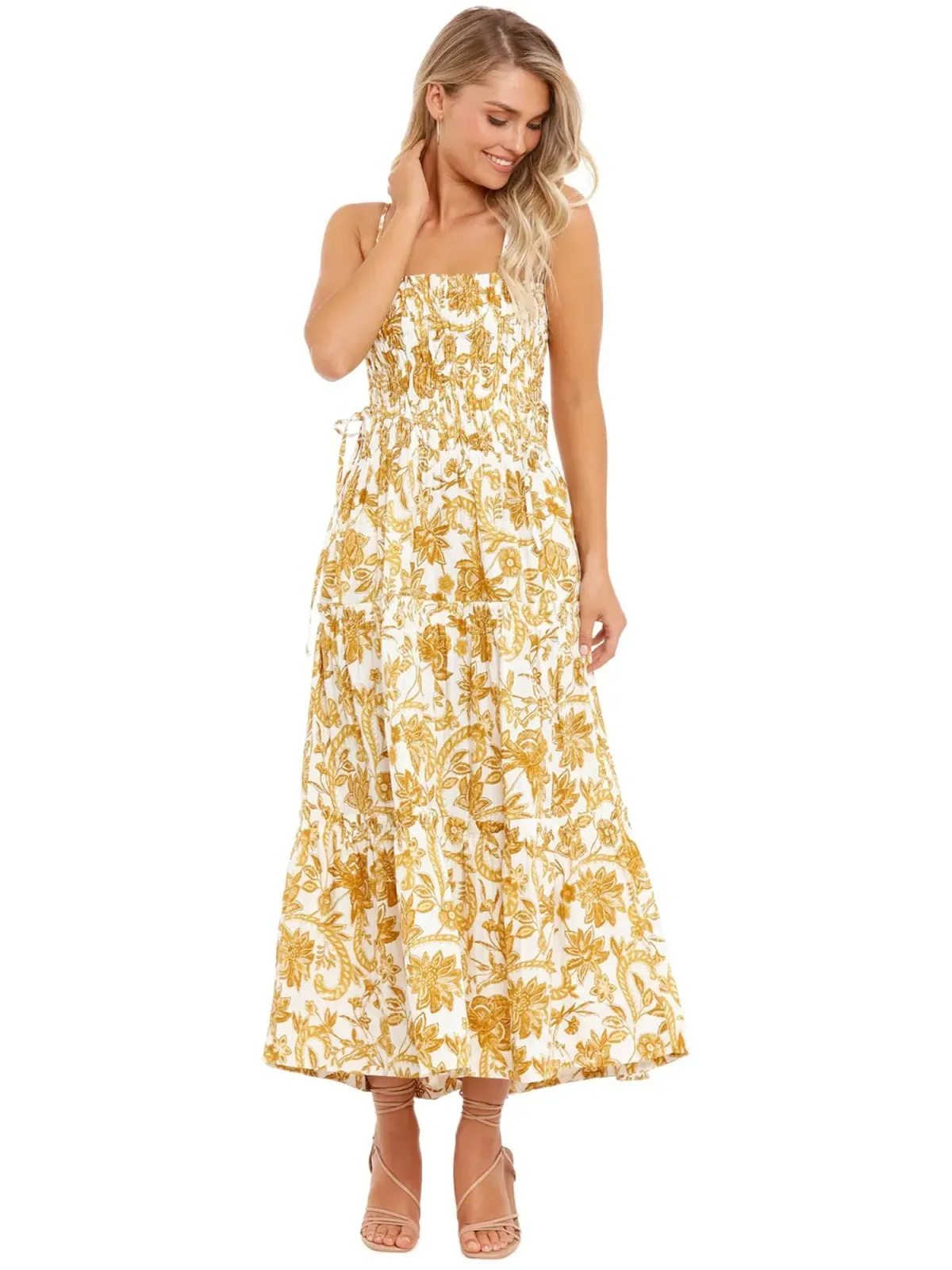 Shona Joy Tiered Midi Dress in Curry Size AU 8 - Image 4