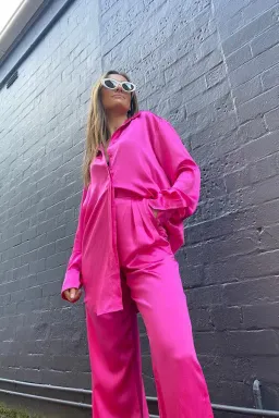 Michael Lo Sordo Relaxed Silk Pant Size 8 & Shirt Size 6 Set Hot Pink for rent on The Volte - image 3