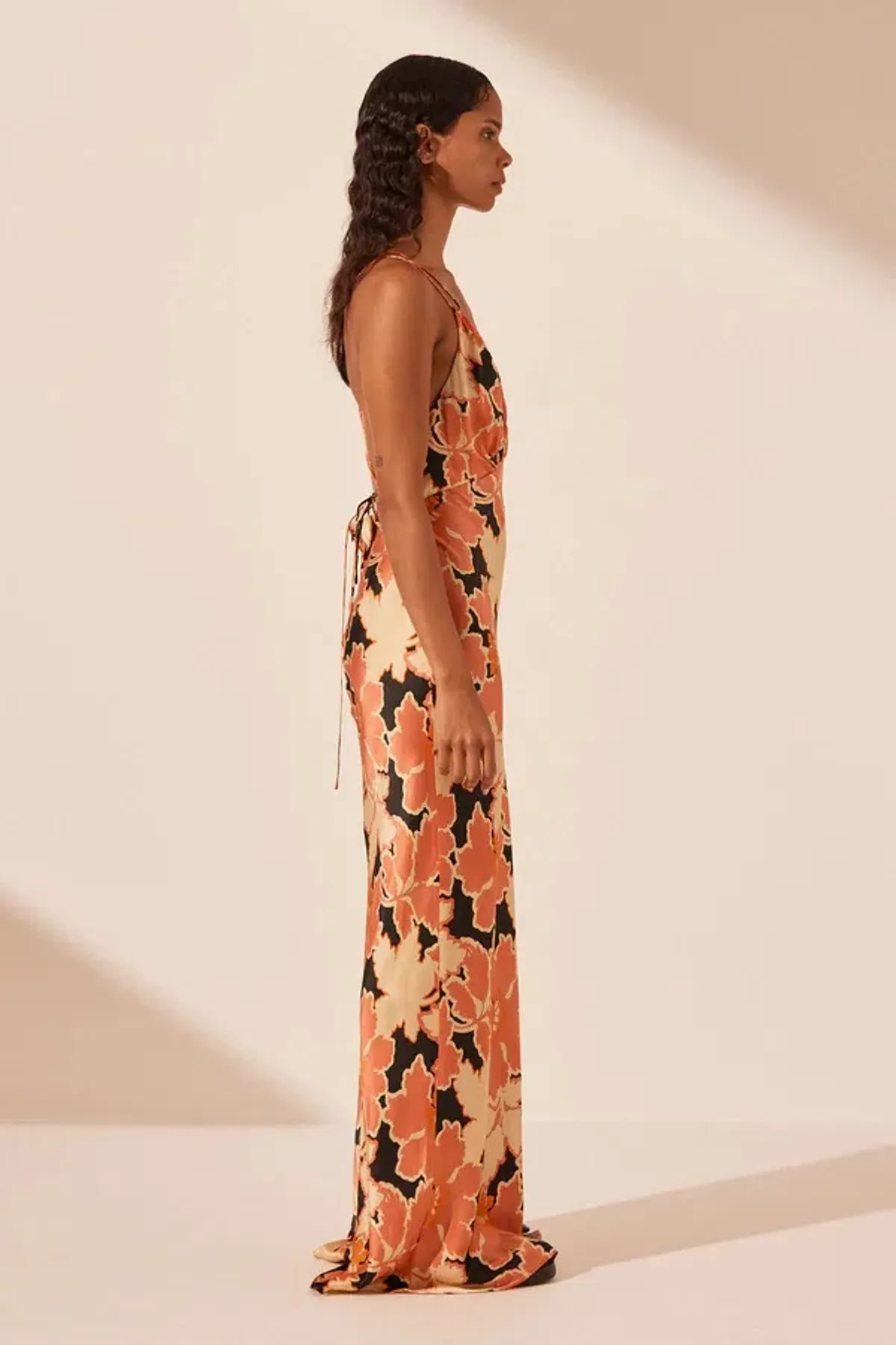 Shona Joy Rosa Silk Plunged Double Strap Maxi Dress Coral Pink/Multi Size 14 - Image 2