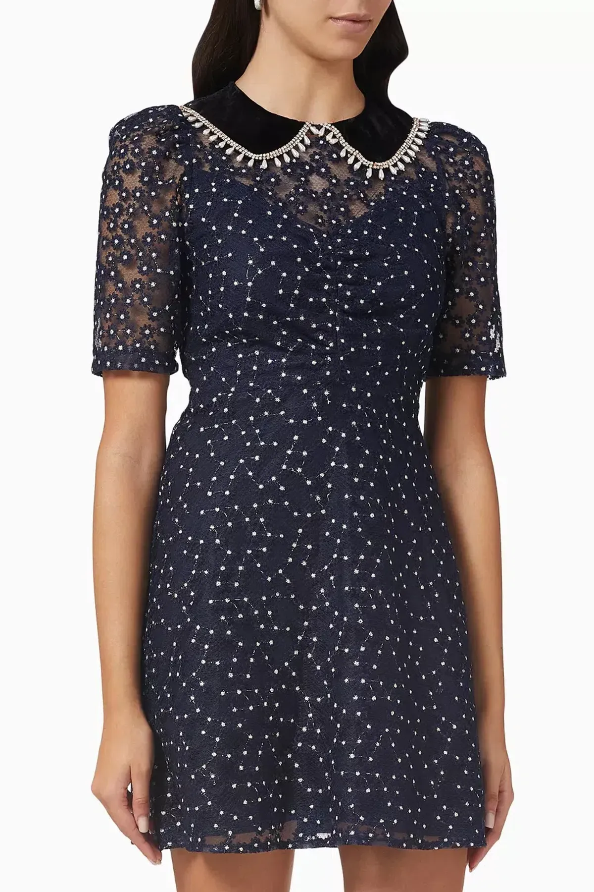 Sandro Lucianita Embellished Lace Mini Dress Midnight Blue Size 8 - Image 2