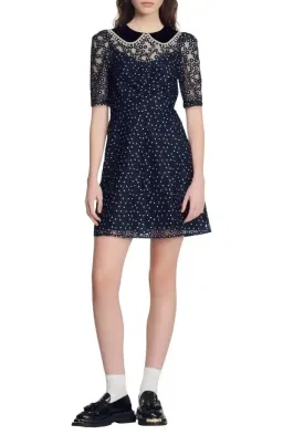Sandro Lucianita Embellished Lace Mini Dress Midnight Blue Size 8 for rent on The Volte - image 5