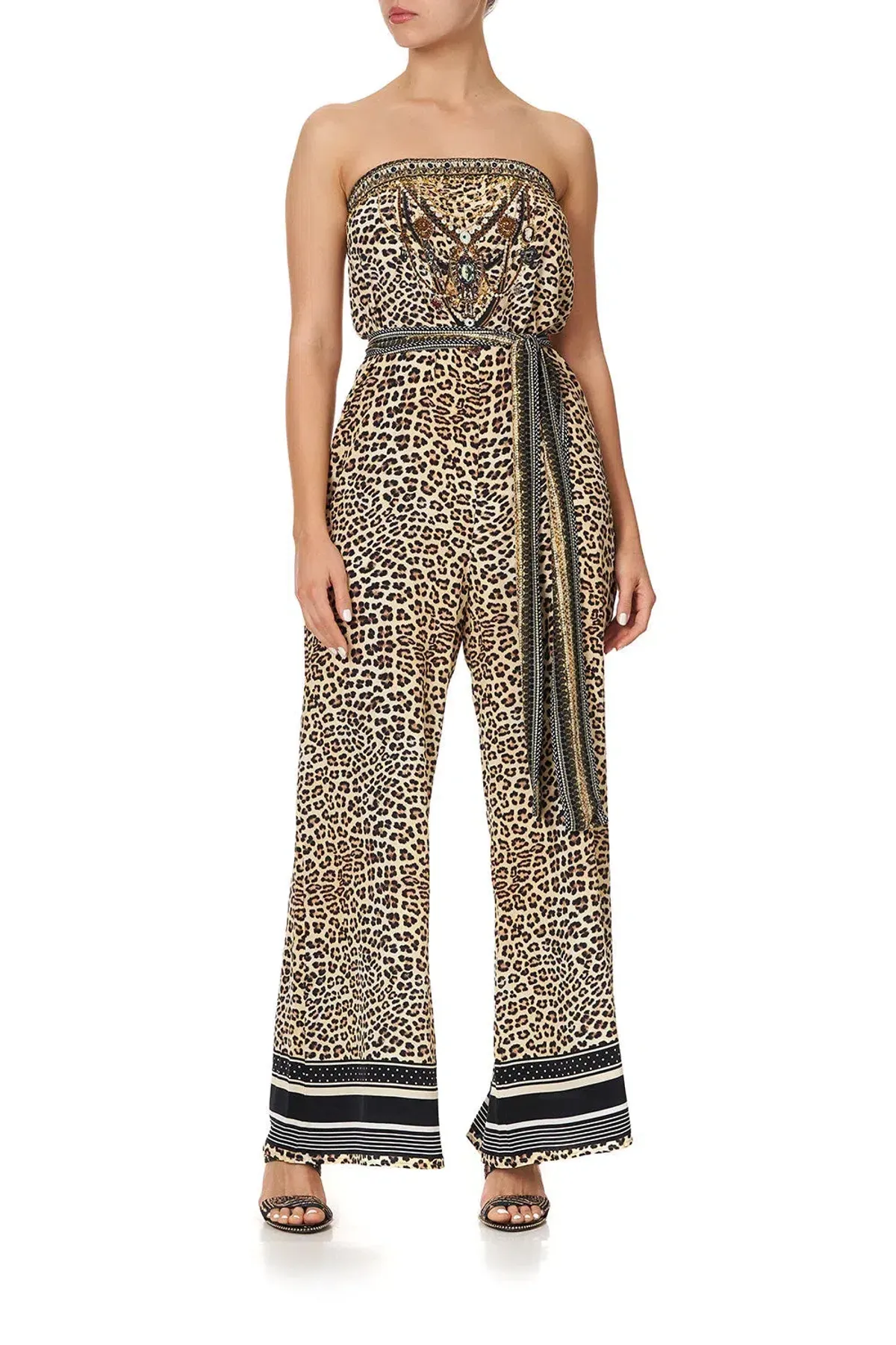 Camilla Tie Waist Strapless Silk Jumpsuit Leopard Print Size L / AU 14 - Image 1