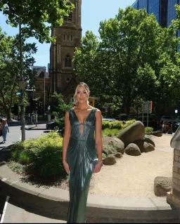 Roberto Cavalli Low V Neck Dress Green Metallic Size 8 for rent on The Volte - image 3