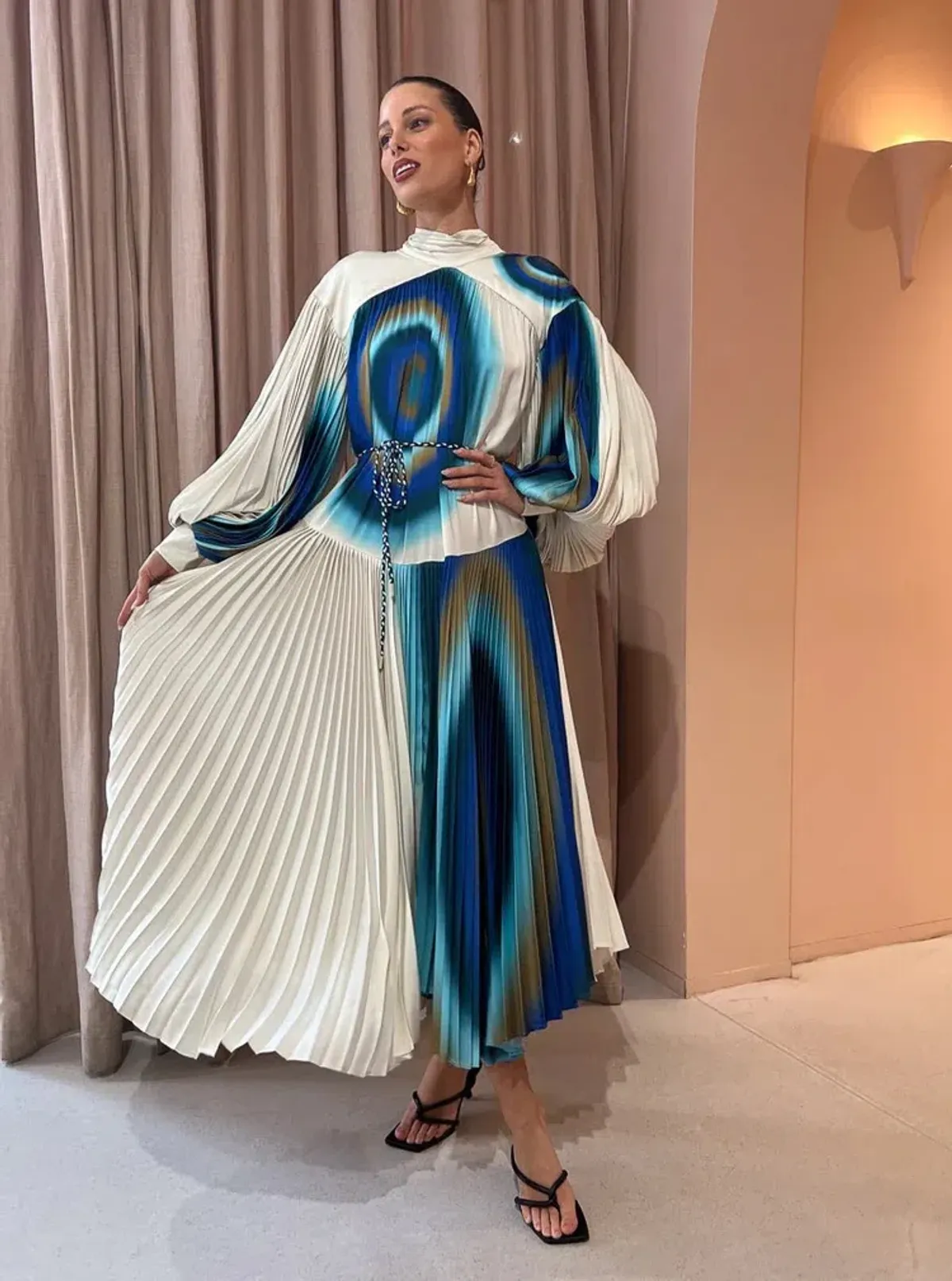 Alemais Una Pleated Midi Dress in Pearl/Teal Size 14 - Image 2